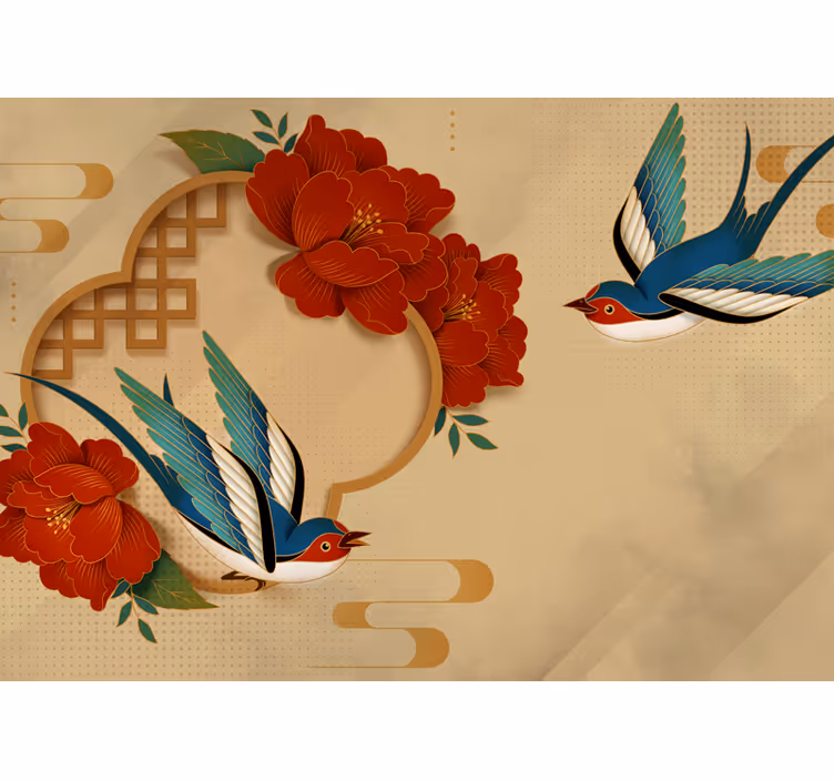 Beige roller blind with 3d birds and flowers - TenStickers
