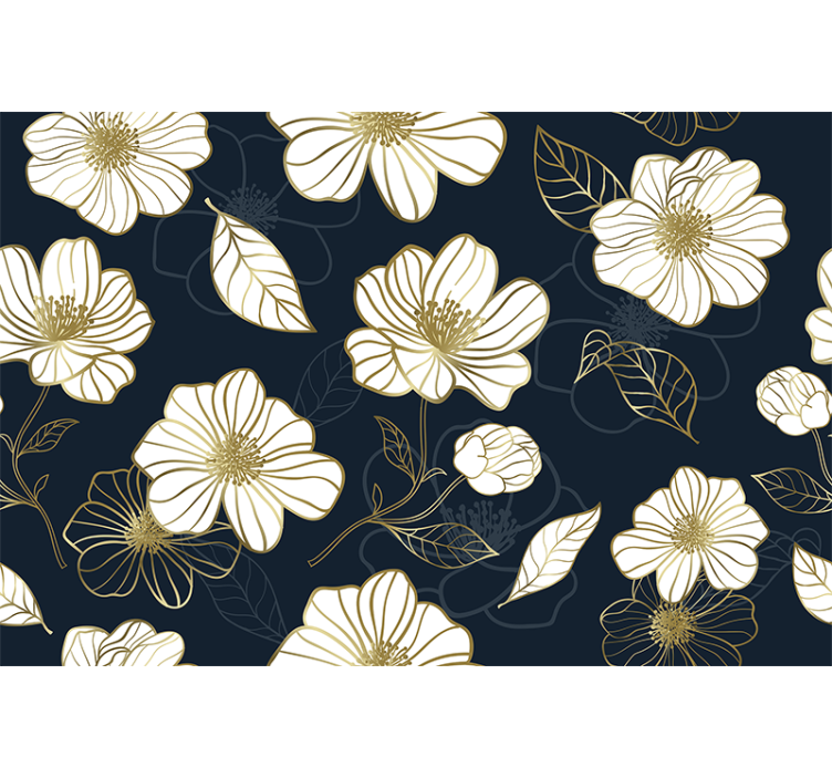 Kitchen roller blind with gold-touched lineart flowers - TenStickers