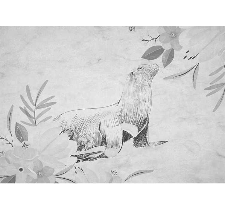 White roller blind with gray seal and flowers - TenStickers