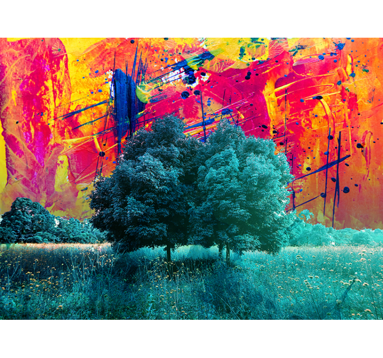 Living room roller blind colorful field landscape trees - TenStickers