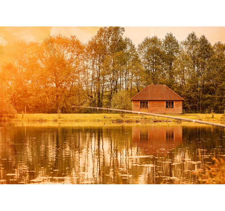 Living room roller blind brown houses by the lake - TenStickers
