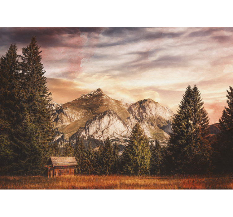 Living room roller blind forest cabin view - TenStickers