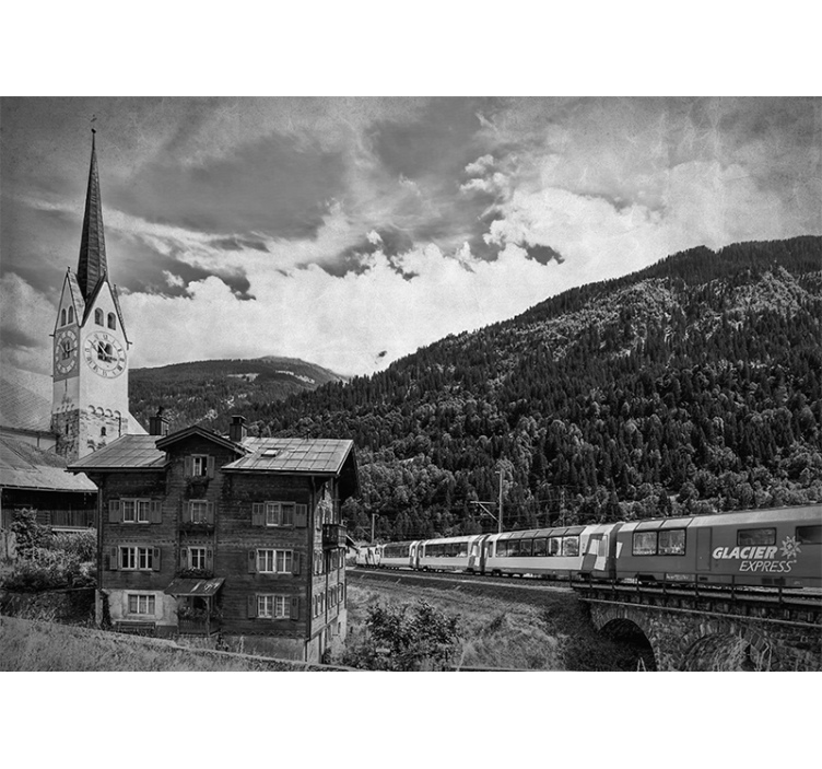 Living room roller blind train crossing a quaint town - TenStickers