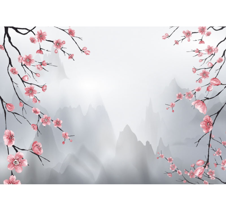 Gray roller blind with cherry blossoms and mountains - TenStickers