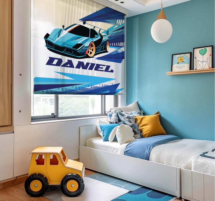 Blue race car customise roller blind - TenStickers