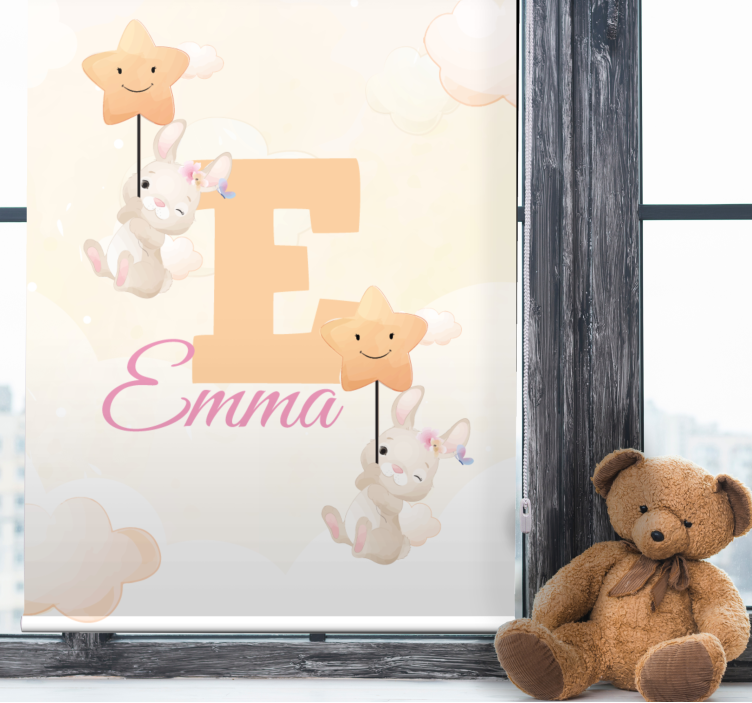 Bunnies with stars with name children room roller blind - TenStickers