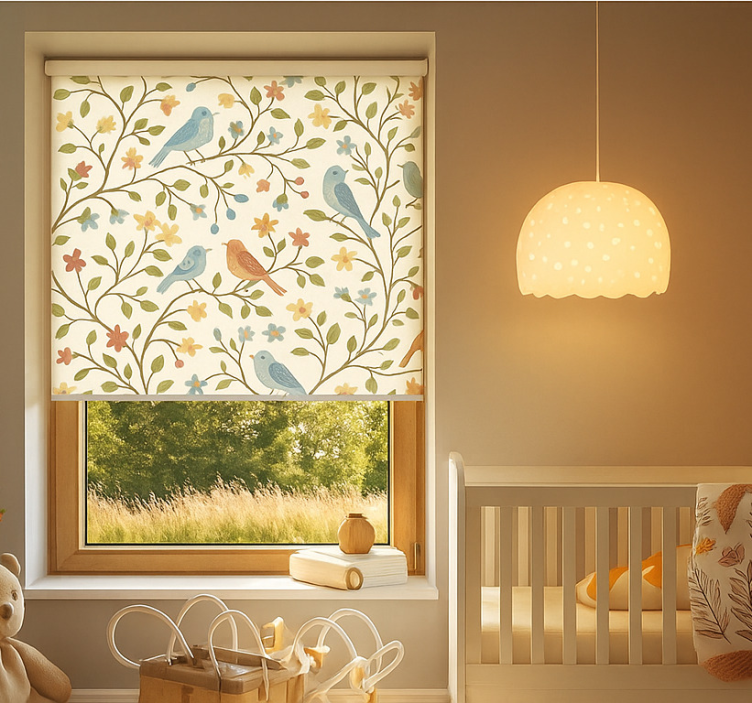 Colorful bird-and-branch living room roller blind - TenStickers
