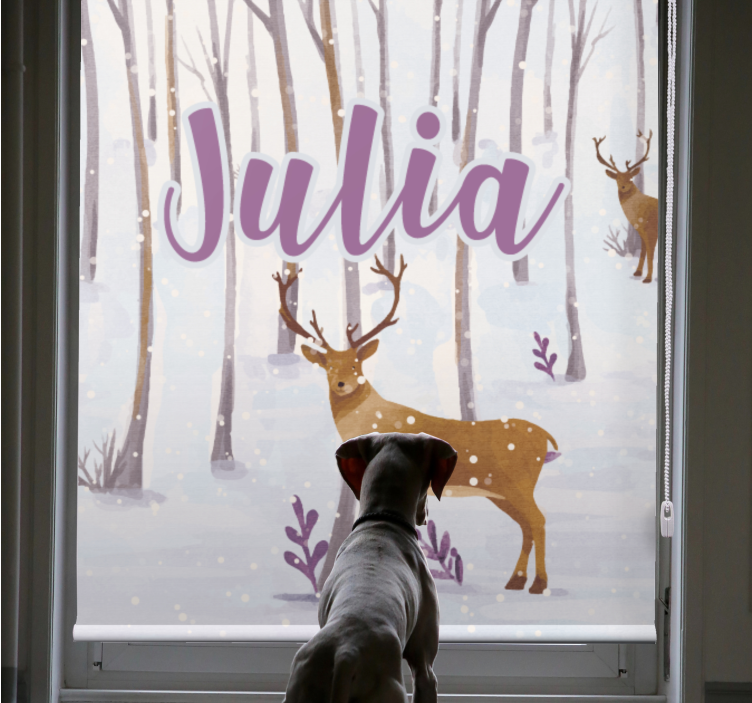 Deer in snow with name children room roller blind - TenStickers