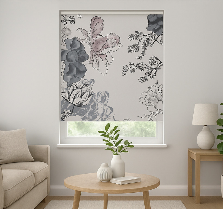 Grayscale watercolour fowers living room roller blind - TenStickers