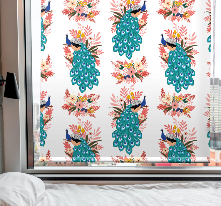 PEACOCKS AMONG FLORALS flowers and plants roller blind - TenStickers