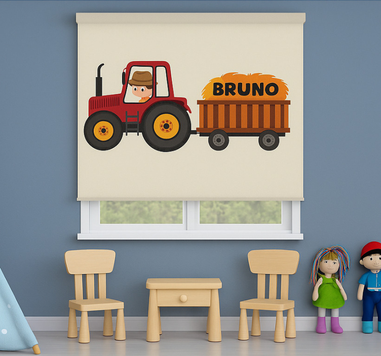 Tractor design with name children room roller blind - TenStickers