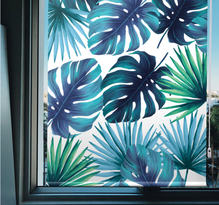 Blue tropical leaves master bedroom roller blind - TenStickers