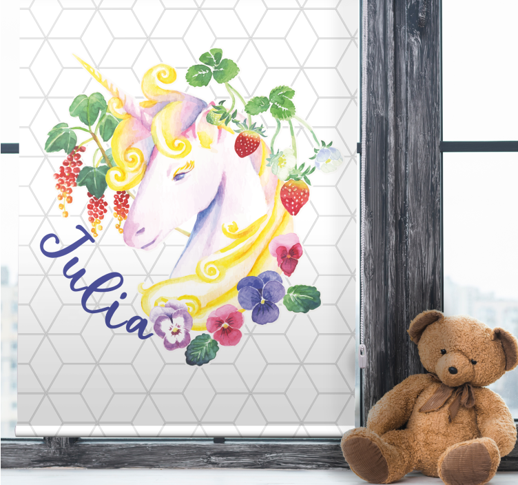 Floral unicorn with name children room roller blind - TenStickers