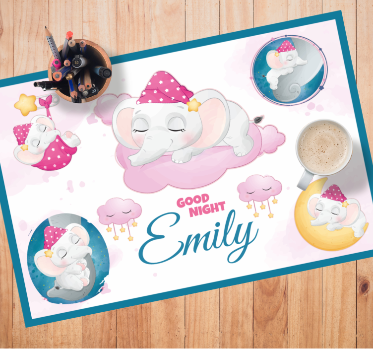 Cute elephant girl with name children placemats - TenStickers