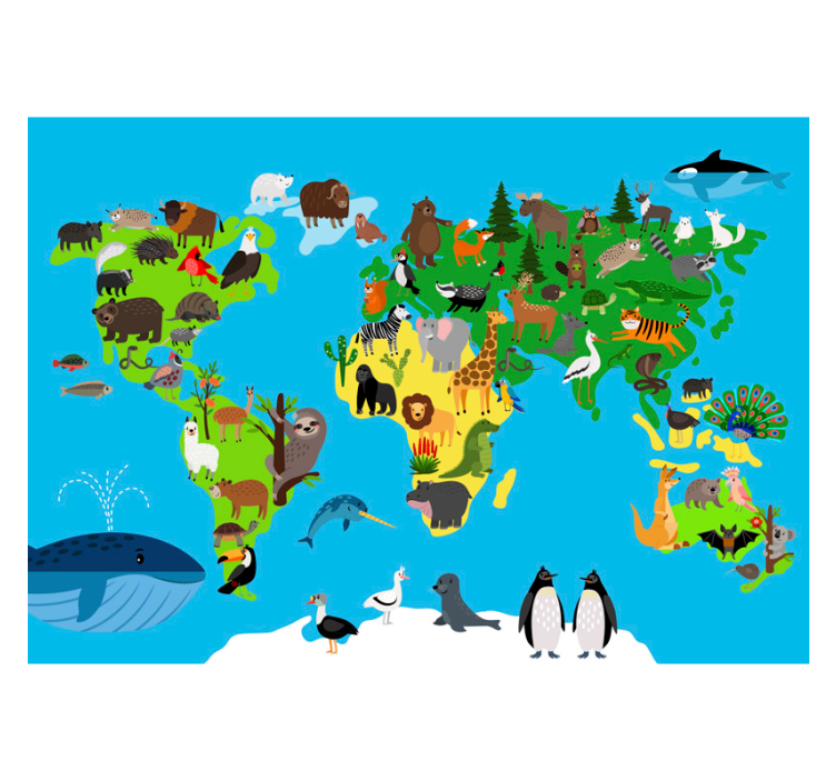 Minimalistic animals world map wall mural - TenStickers
