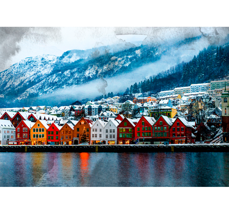 Bergen city river winter snow wall mural - TenStickers