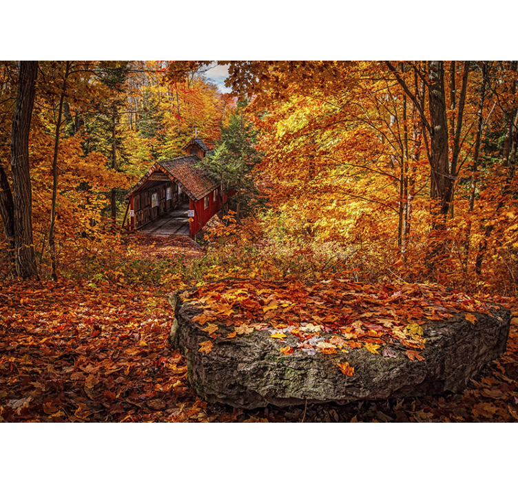 Landscape mural wallpaper autumn covered bridge - TenStickers