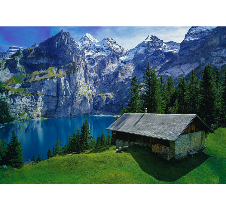 Cabin by the lake and mountains wall mural - TenStickers