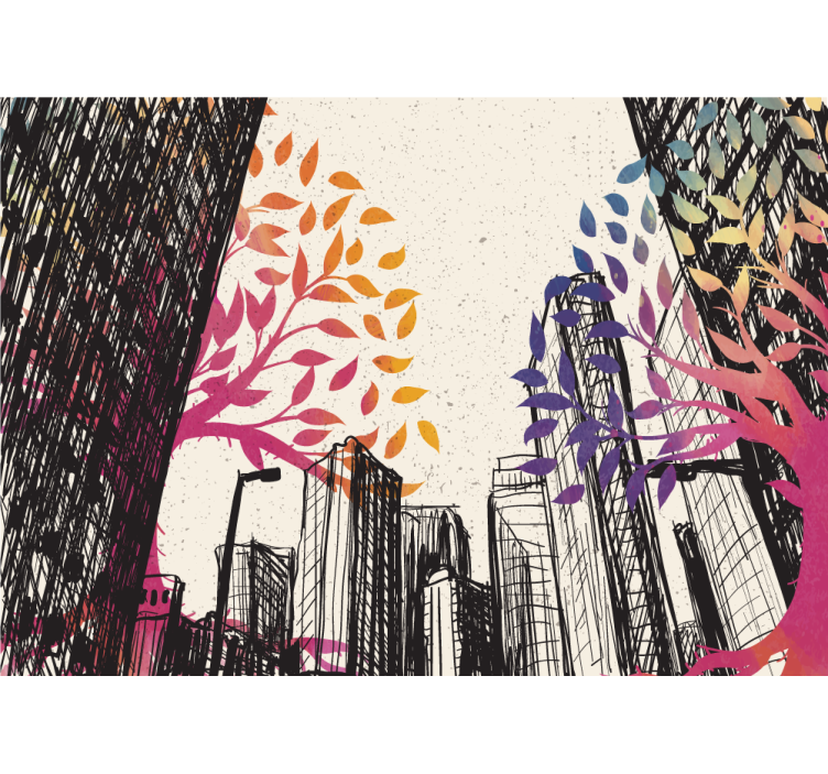 City wall mural urban skyline with vibrant trees - TenStickers