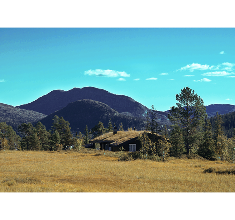 Landscape mural wallpaper mountain cabin escape - TenStickers