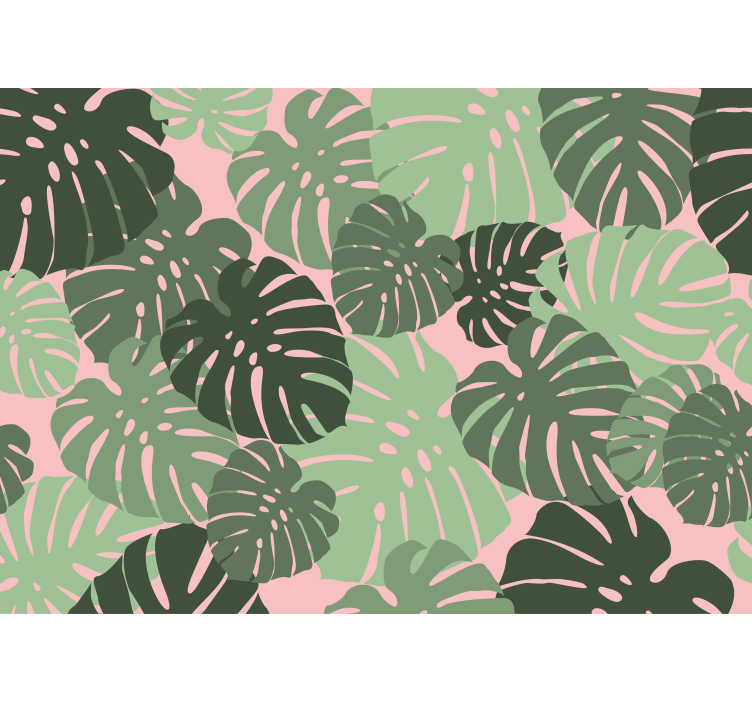 Monstera leaves pink color living room mural - TenStickers