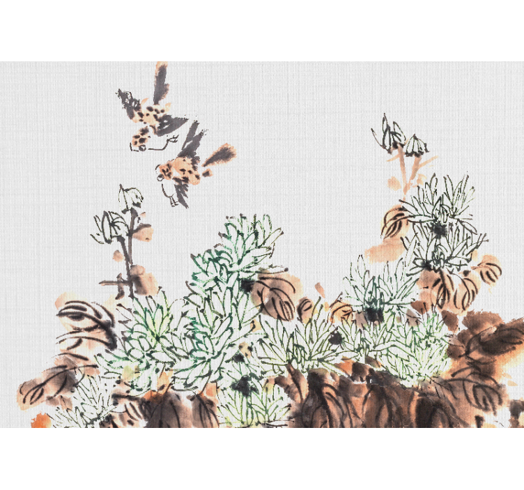 Japandi birds and plants vintage wall mural - TenStickers