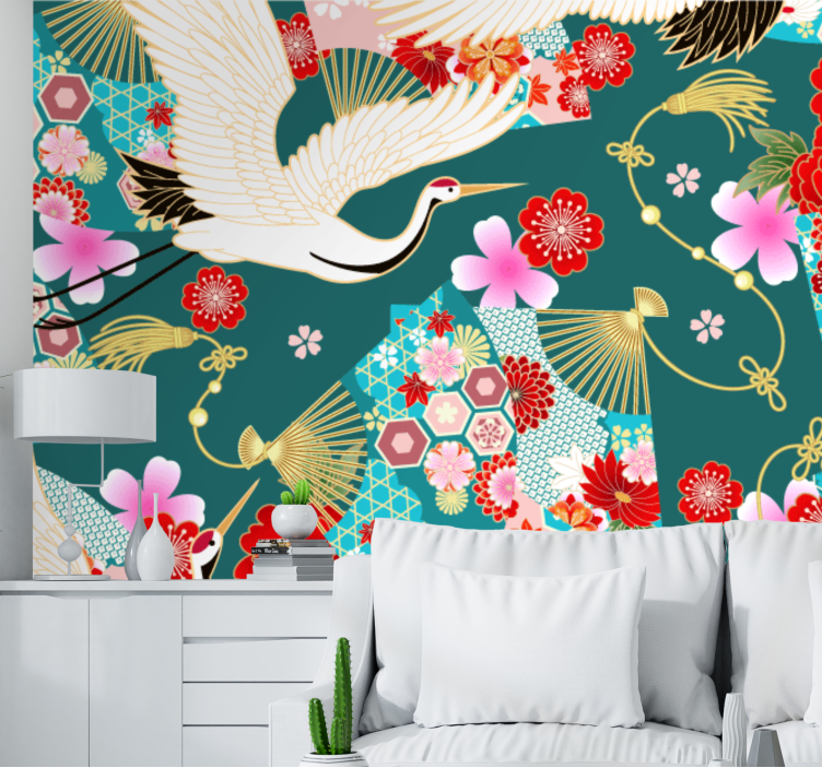 Animal wall mural cranes and blossoms - TenStickers
