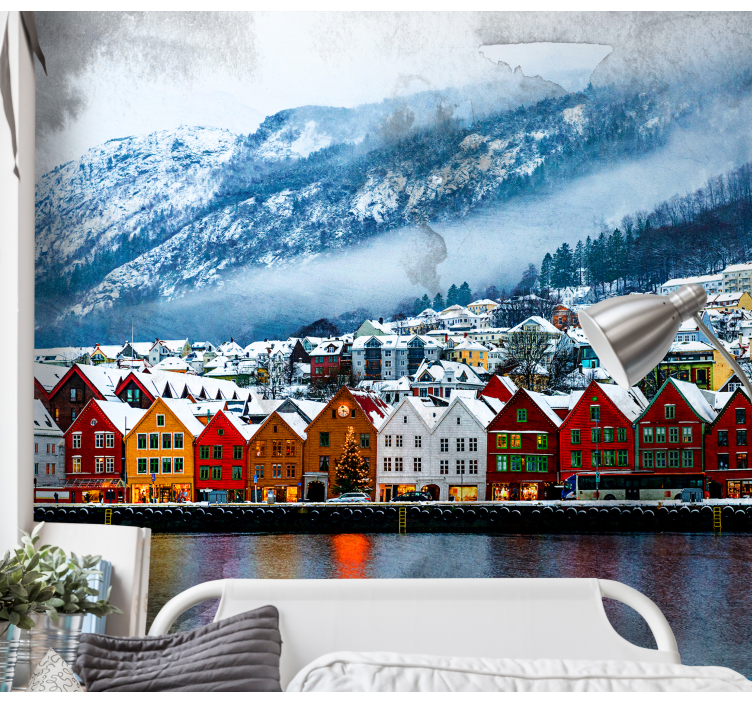 Bergen city river winter snow wall mural - TenStickers
