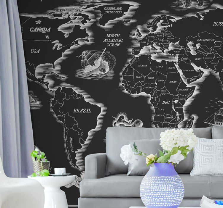 Black and white worldmap continents wall mural - TenStickers