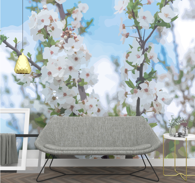 Blooming drawn cherry flowers flower wall mural - TenStickers