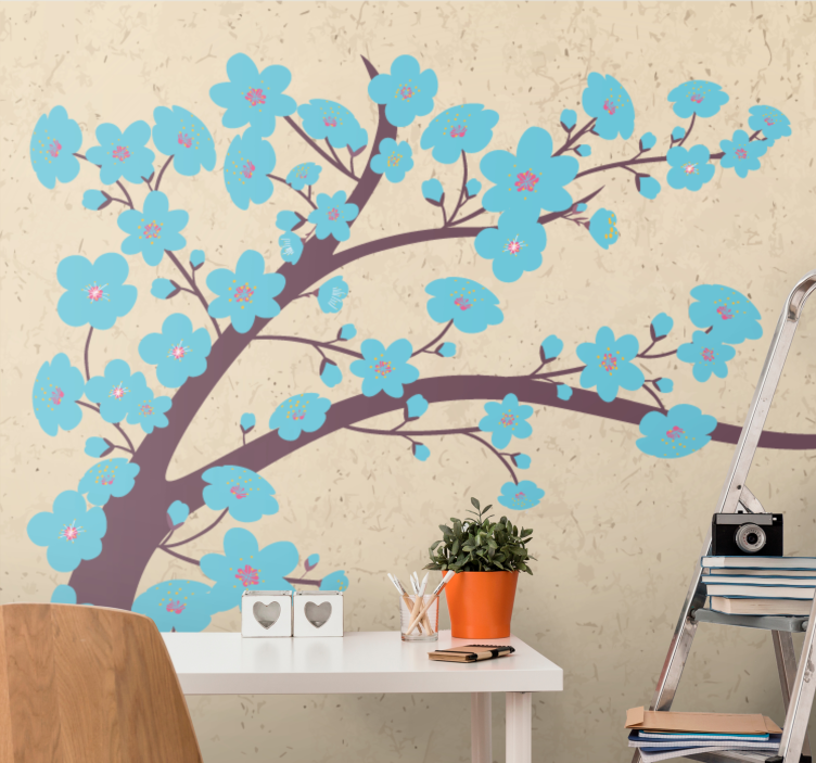 Blue flowers with beige 3D Wall Mural - TenStickers