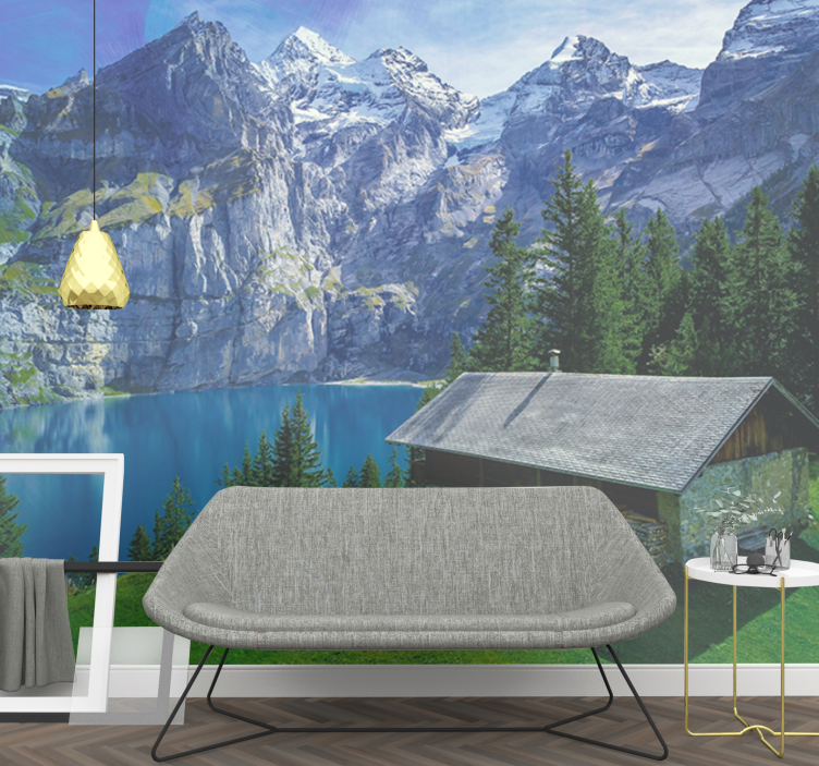 Cabin by the lake and mountains wall mural - TenStickers