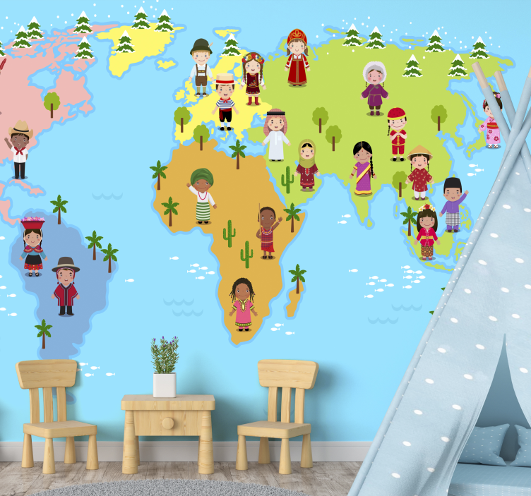Children characters world map mural - TenStickers