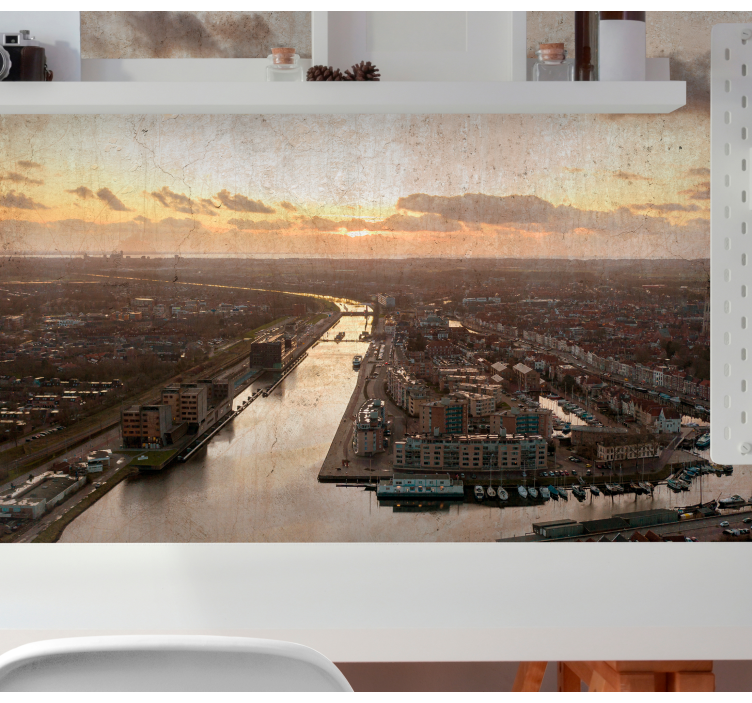 City wall mural sunset over cityscape - TenStickers
