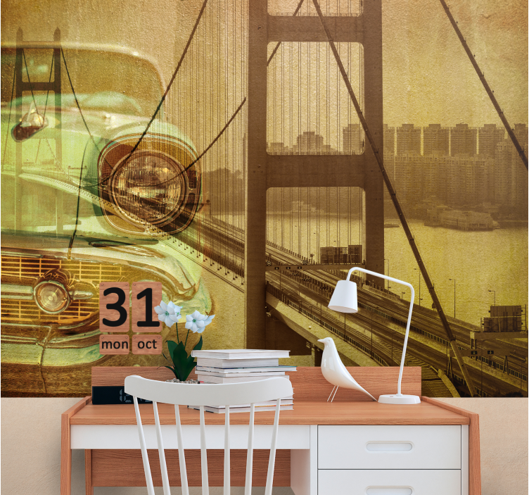 City wall mural vintage car bridge - TenStickers