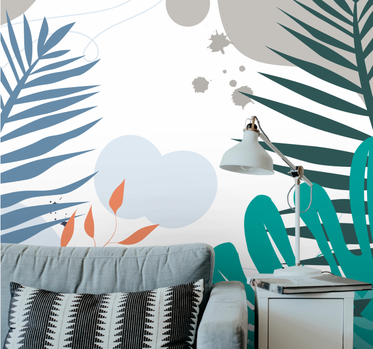 Colorful tropical leaves living room wall mural - TenStickers
