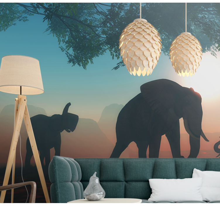 Elephants and tree by sunset  wall mural - TenStickers