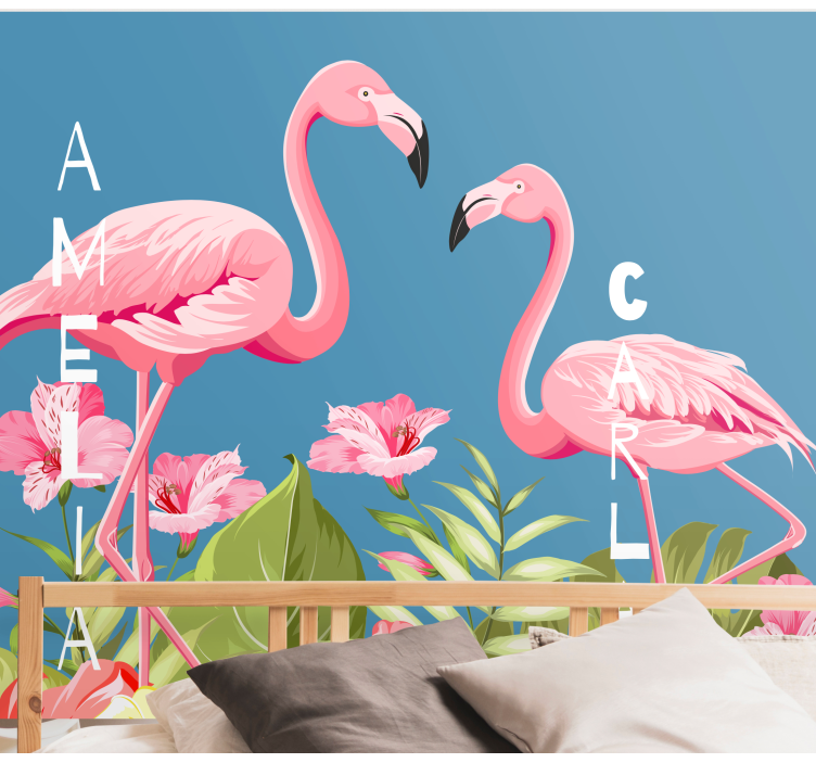 Flamingos with blue background wall mural - TenStickers