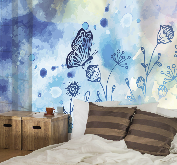 Floral draw and butterflies flower wall mural - TenStickers