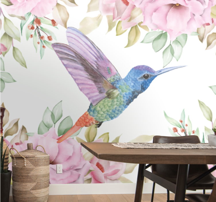 Flower mural hummingbird among blossoms - TenStickers