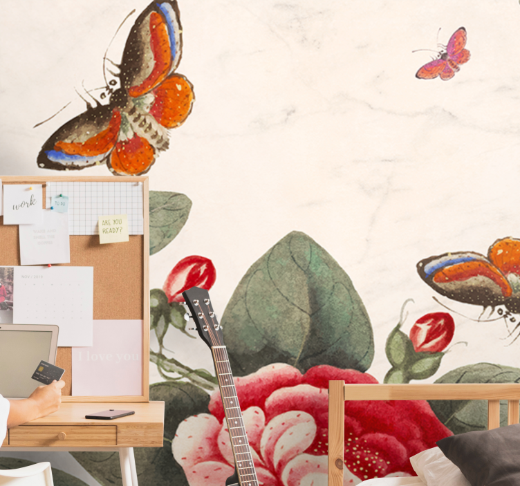 Flower mural with fluttering insects and blossoms - TenStickers