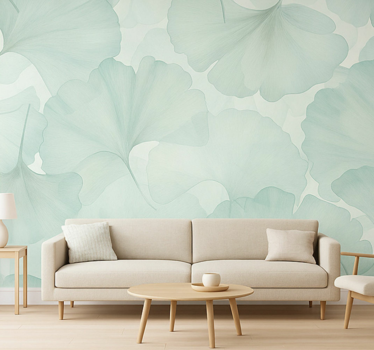 Green Ginko leaves mural for living room - TenStickers