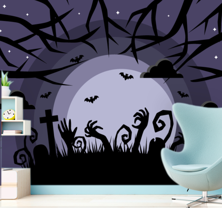 Halloween mural haunting graveyard scene - TenStickers