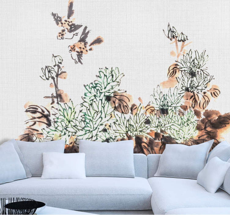 Japandi birds and plants vintage wall mural - TenStickers
