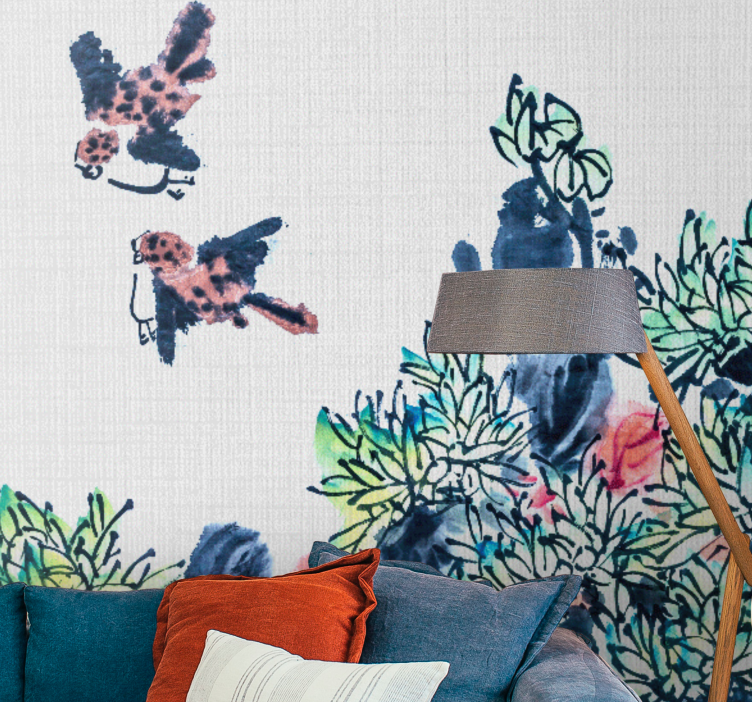 Japandi forest painting with birds wall mural - TenStickers