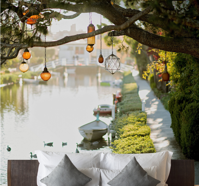 Landscape mural wallpaper secluded waterway lanterns - TenStickers
