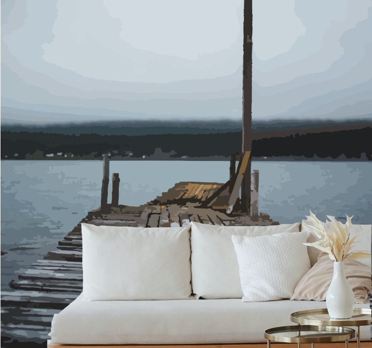 Landscape mural wallpaper serene lake dock - TenStickers