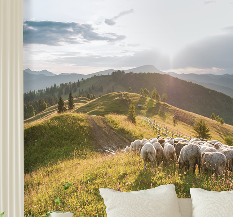 Landscape mural wallpaper sheep on hillside - TenStickers