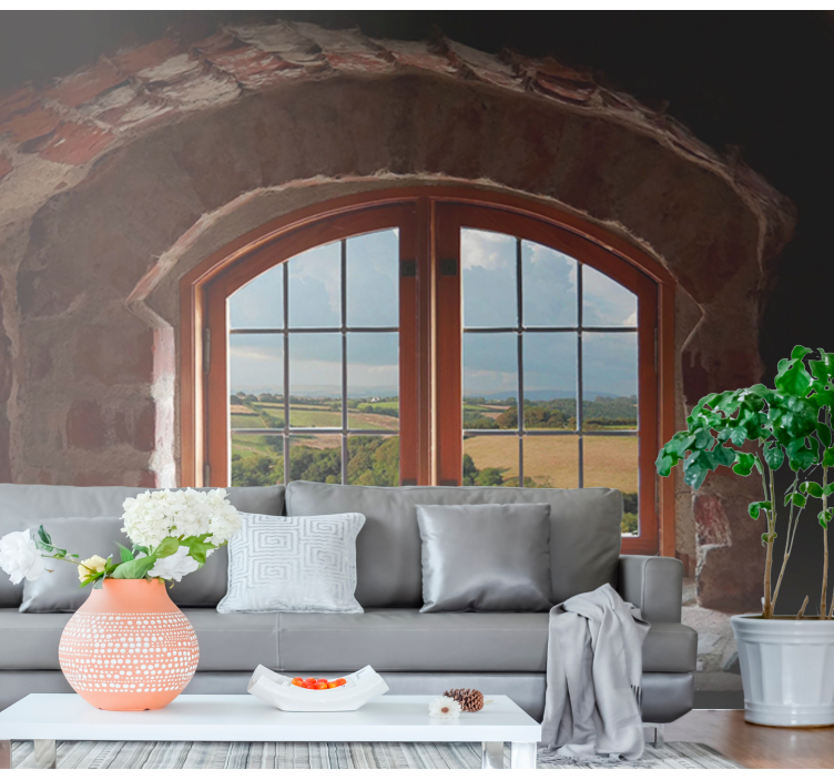 Landscape mural wallpaper stone arch window - TenStickers