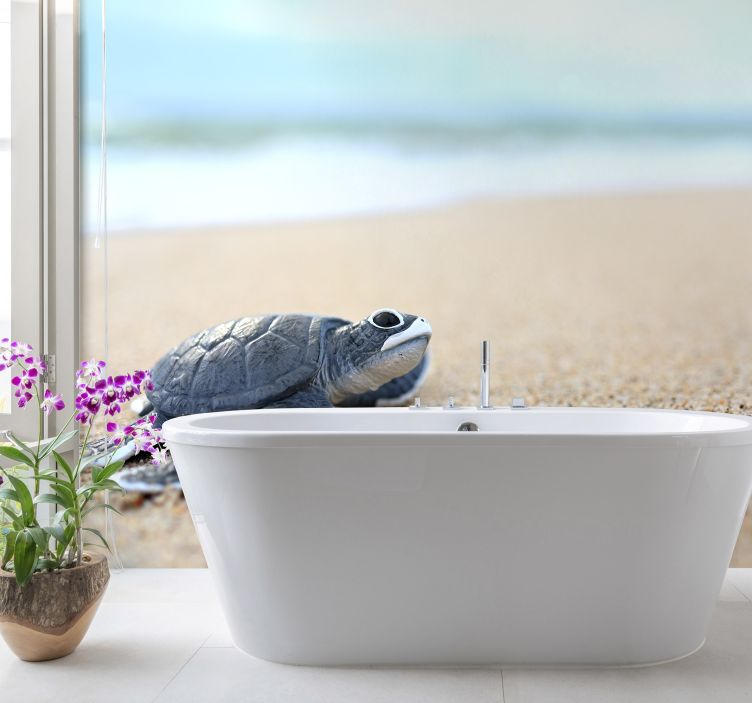 Little turtle on a white beach wall mural - TenStickers